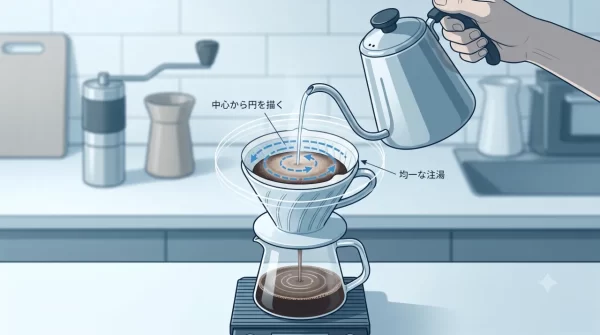 ハリオV60ドリッパーを使って、中心から円を描くようにお湯を注ぐペーパードリップの基本手順イラスト