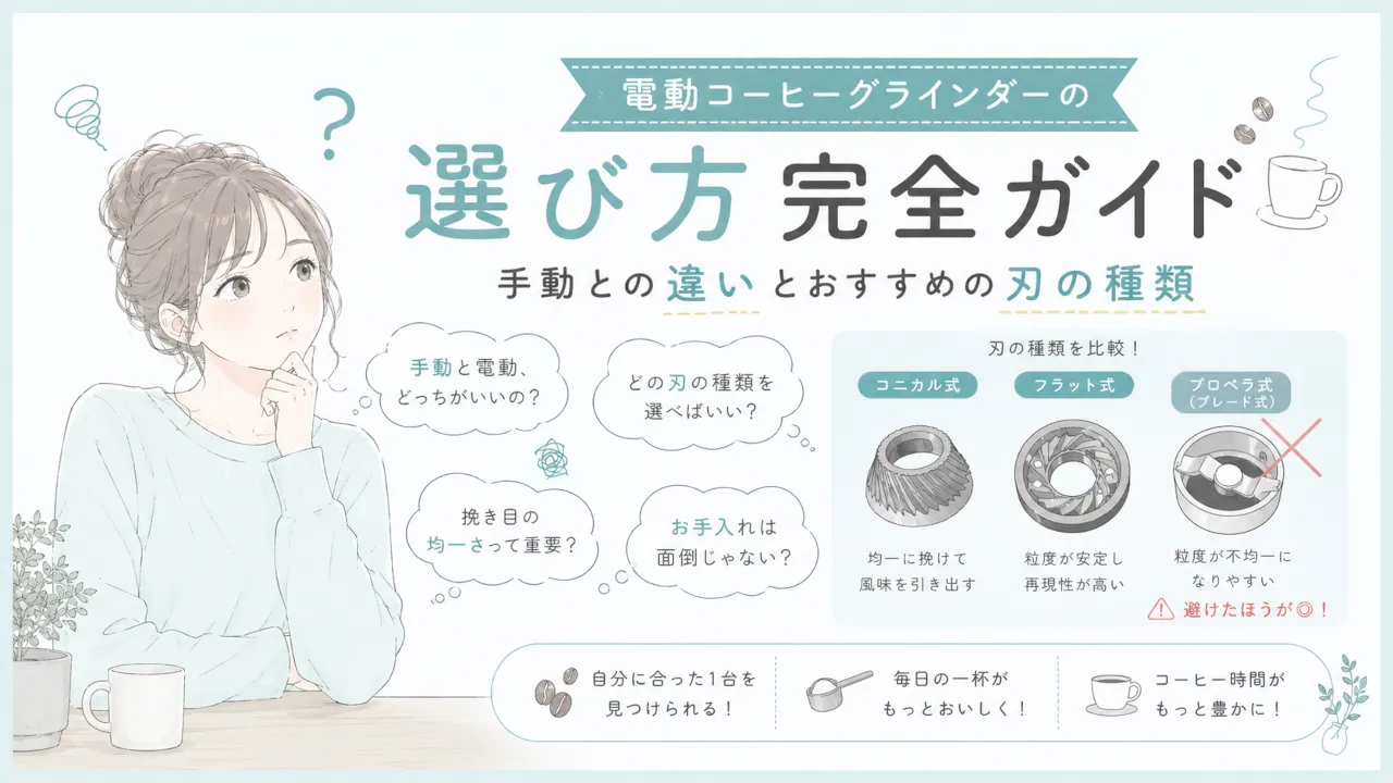 『電動コーヒーグラインダーの選び方完全ガイド』のアイキャッチ画像。悩む女性のイラストと、コニカル式・フラット式・プロペラ式の刃の仕組み・特徴の比較図