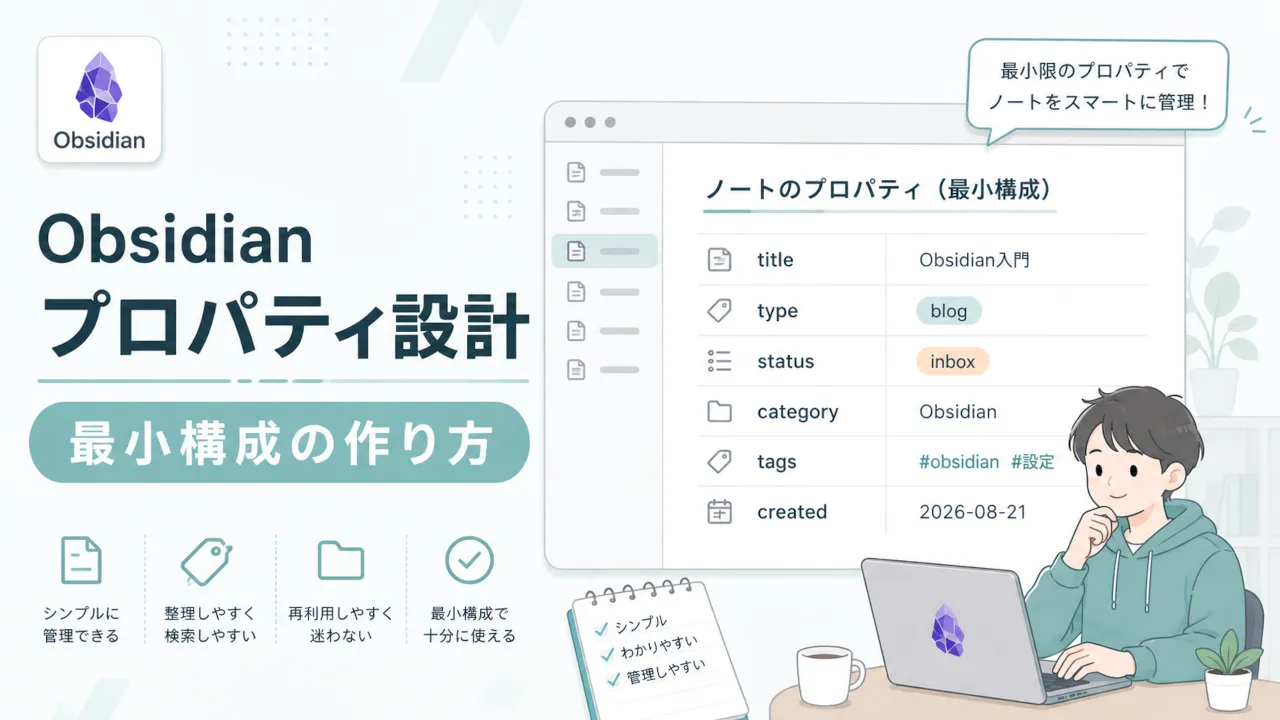 Obsidianのプロパティ最小構成（title, type, status, category, tags, created）の設定画面イメージ
